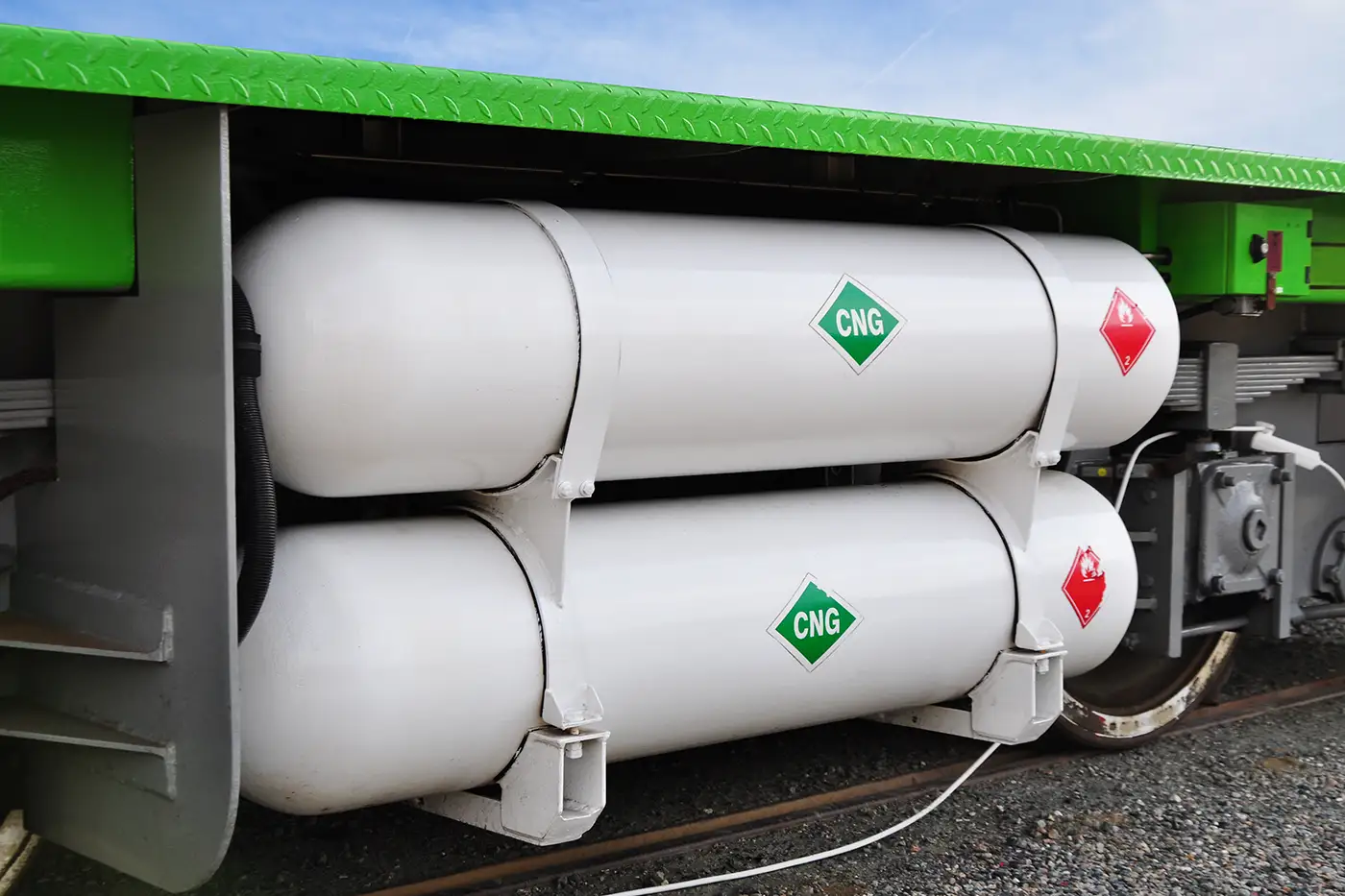 Close-up of compressed natural gas (CNG) cylinders mounted on a heavy-duty vehicle, representing Steelhead’s drop-in replacement solutions that upgrade aging systems to modern, lightweight composite pressure vessels.